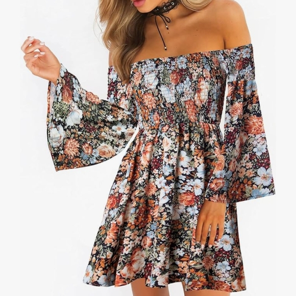 NWT ONEYIM Brown Floral Mini Dress Size: Medium - Picture 1 of 12